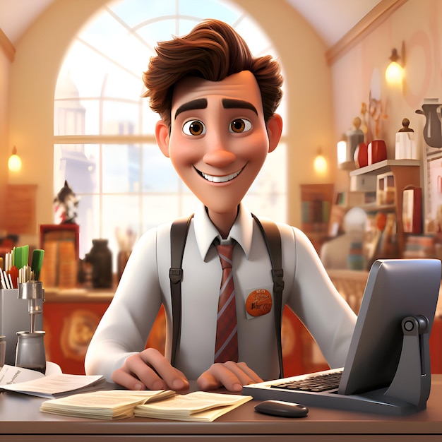 3D illustration of a cartoon man working at his desk in a cafe