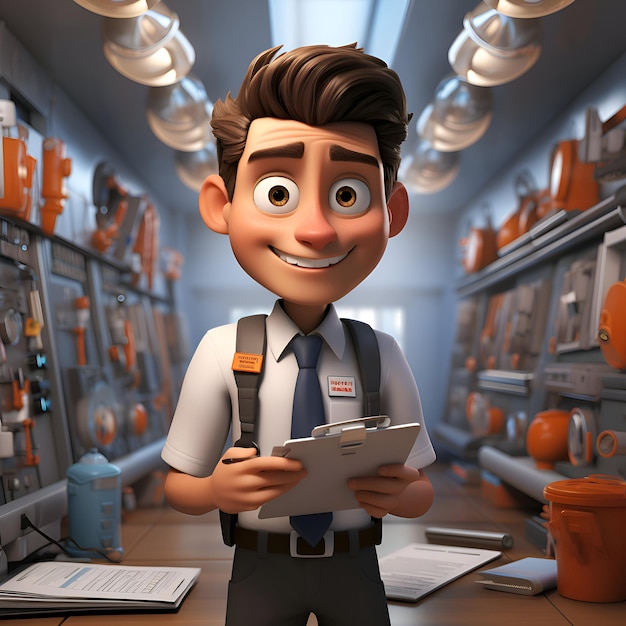 3D illustration of a cartoon mechanic with a clipboard in his hand