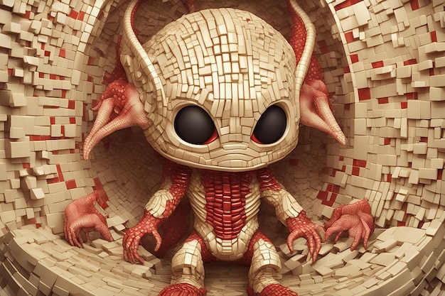 3D illustration of cartoon otherworldly gold and ivory and red mosaic on a monster xenomorph