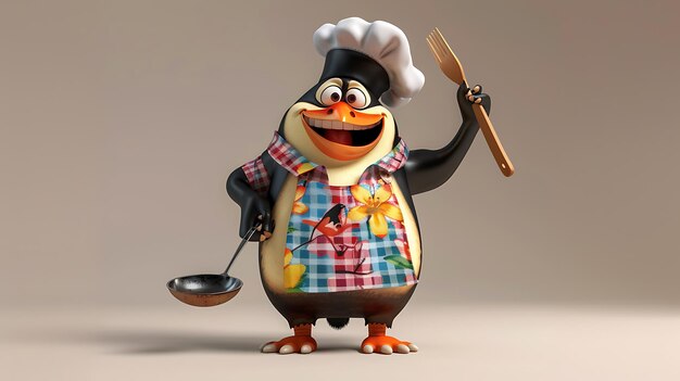 3d illustration of a cartoon penguin chef with a ladle