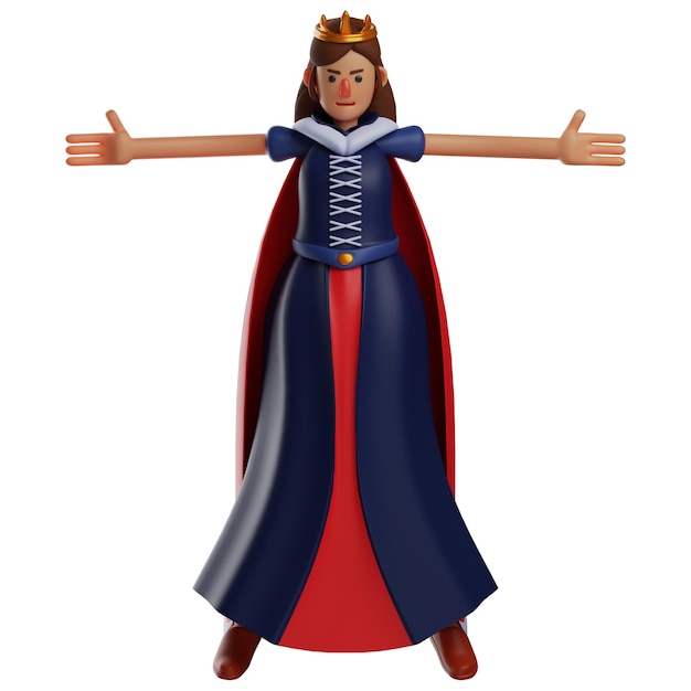 3D illustration cartoon Queen 3D showing angry face with open arms pose use cool work crown 3D