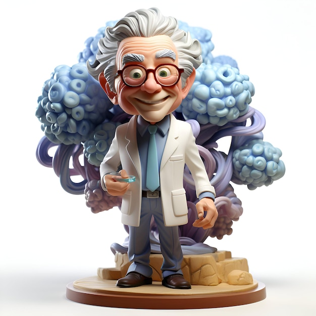 Photo a 3d illustration of a cartoon scientist sitting on a human brain model