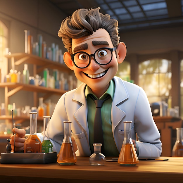 화학 물질을 가지고 실험실에서 일하는 만화 과학자의 3D 그림