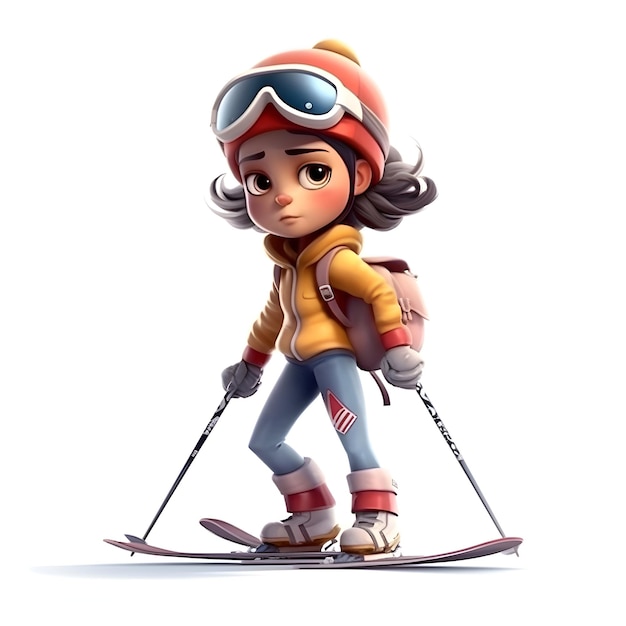 3D illustration of a cartoon skier girl on skis