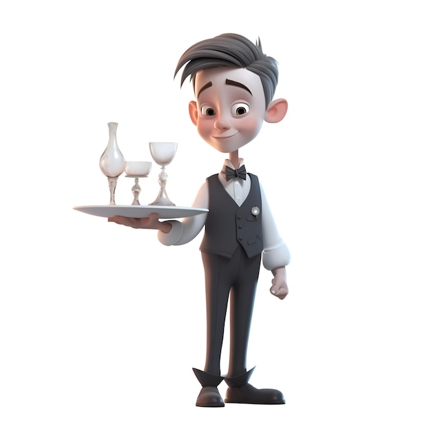 Photo 3d illustration of a cartoon waiter with a tuxedo