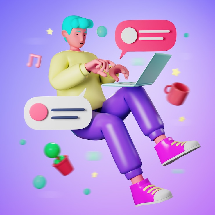 Фотография 3d иллюстрации мультфильм молодой случайный человек, плавающий и использующий компьютер ноутбук для работы на дому или обучения в режиме онлайн обучения во время карантина от вирусной вспышки covid-19.
