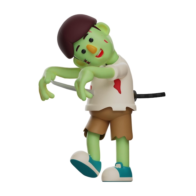 3D illustration Cartoon Zombie 3D has funny expressions carrying a sword behind his waist