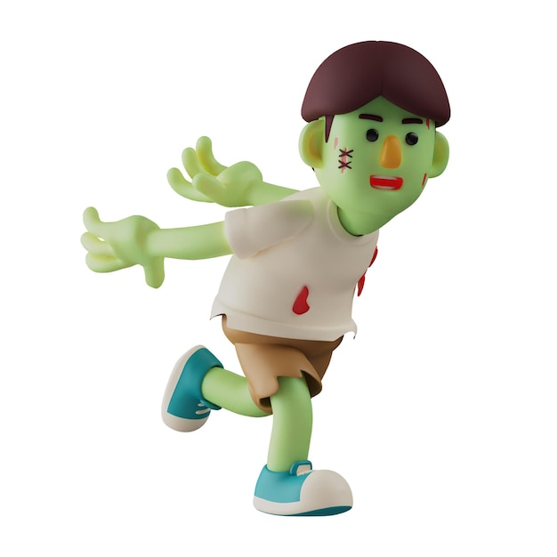 Foto illustrazione 3d cartone animato zombie 3d comincia a saltare con una strana postura entrambe le mani indietro