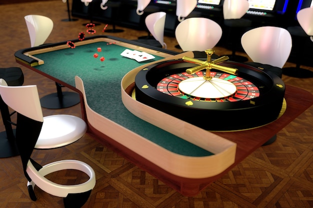 3D illustration of casino elements, roulette wheel, dice, cards and slot machine