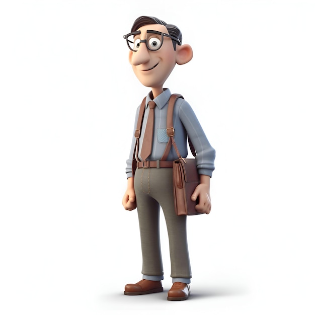 3D illustration of a casual man with a briefcase and glasses