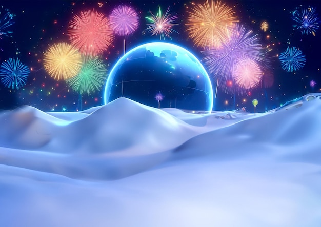 3d illustration celebration Christmas ice and fireworks background globe in center template new year