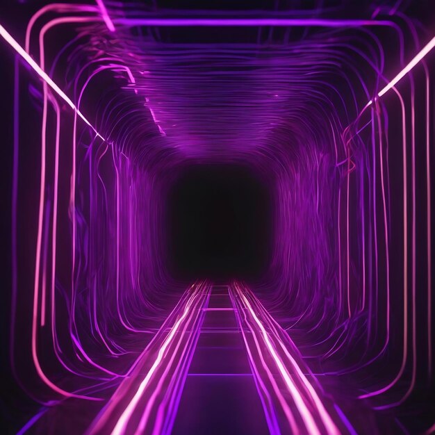 3d illustration of chaotic purple lines in motion in dark tunnel with bright neon illumination as ab