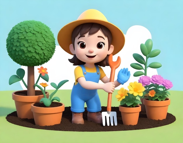 3D illustration of a character gardening