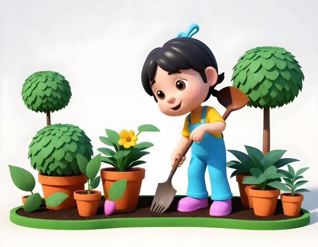 3D illustration of a character gardening