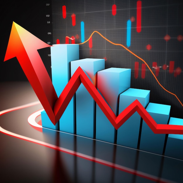 3d illustration of chart over dark background with red arrow pointing up