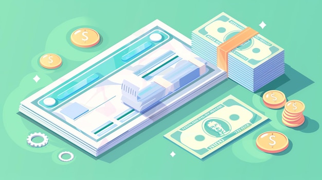 Photo a 3d illustration of a check cash and coins