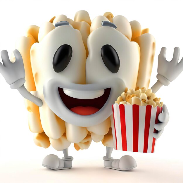 Foto illustrazione 3d di un popcorn allegro con faccia, mani e piedi