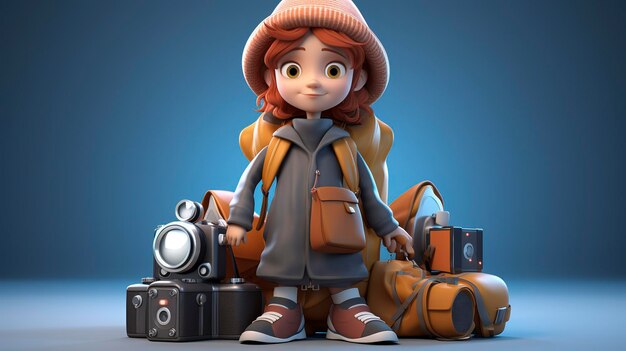 3D illustration of a cheerful young female traveler with red hair