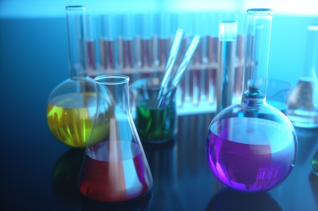 化学反応、青色の背景に科学研究所の概念の3 dイラストレーション。異なる組成の着色された液体で満たされたフラスコ。