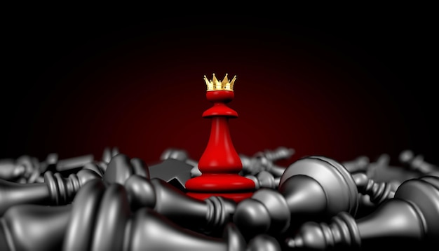 3D illustration chess piece king winner stands on fallen pieces