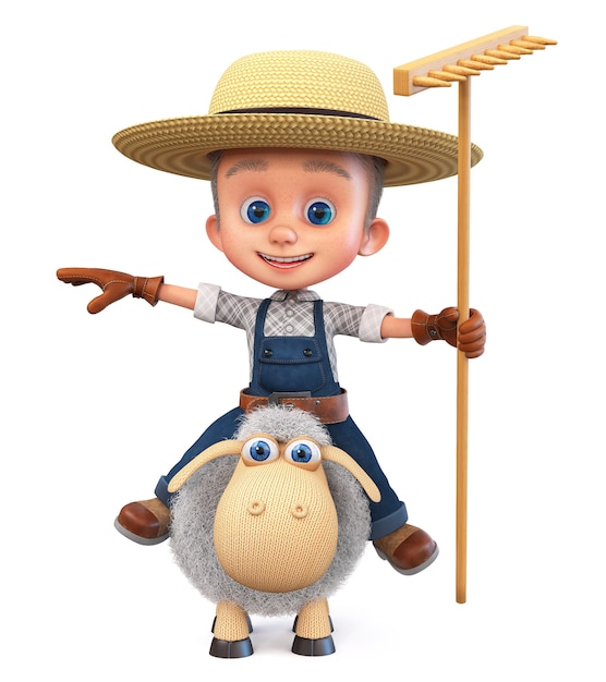 3D illustration child in a straw hat is engaged in animal husbandry