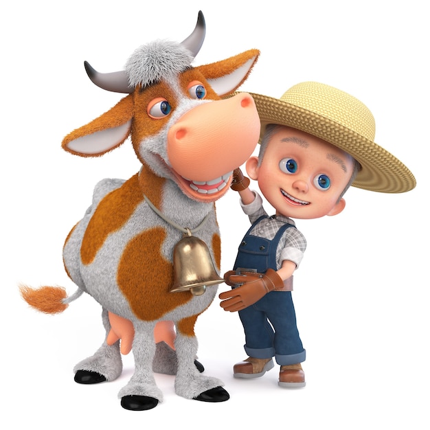 3D illustration child in a straw hat is engaged in animal husbandry