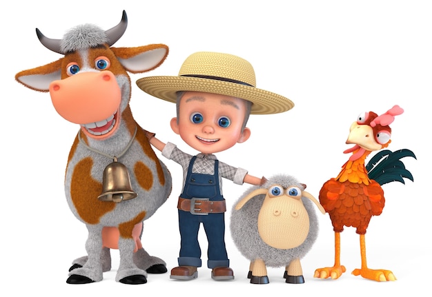 Photo 3d illustration child in a straw hat is engaged in animal husbandry