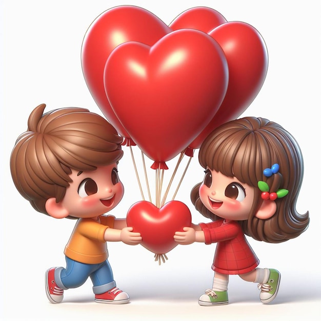 Foto illustrazione 3d di bambini che tengono palloncini a forma di cuore che simboleggiano l'amore e l'innocenza