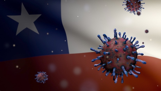 3d illustration chilean flag waving with coronavirus outbreak\
infecting respiratory system as dangerous flu. influenza covid 19\
virus with national chile banner blowing at background. pandemic\
risk