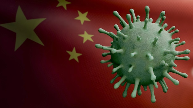 3D illustration Chinese flag waving and Coronavirus 2019 nCov concept. Asian outbreak in China, coronaviruses influenza as dangerous flu strain cases as a pandemic. Microscope virus Covid19 close up.