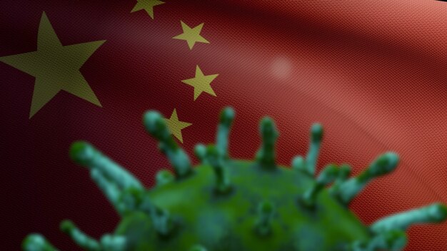 3D illustration Chinese flag waving and Coronavirus 2019 nCov concept. Asian outbreak in China, coronaviruses influenza as dangerous flu strain cases as a pandemic. Microscope virus Covid19 close up.