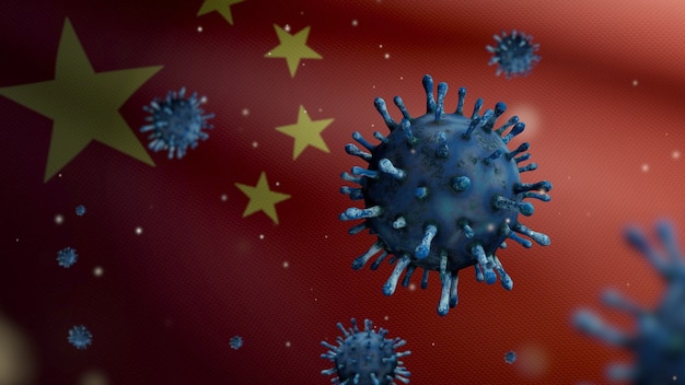 3D illustration Chinese flag waving and Coronavirus 2019 nCov concept. Asian outbreak in China, coronaviruses influenza as dangerous flu strain cases as a pandemic. Microscope virus Covid19 close up.