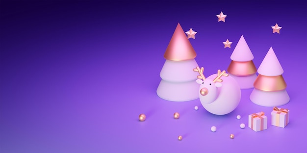 Illustrazione 3d banner di natale con renne carine e albero su sfondo viola