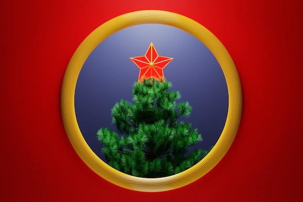 3d illustration a christmas decorative  star on the top of a christmas tree