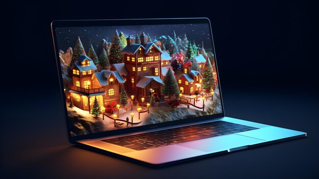 3d illustration of Christmas house decoration on laptop