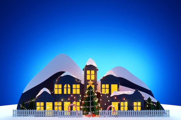 3D illustration Christmas illustration card with night small village city tree decorated with lights on the background of the mountain