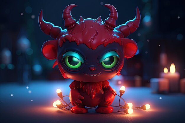 3d illustration of Christmas Krampus red monster sitting on the floor in the dark Merry Christmass Chibi art