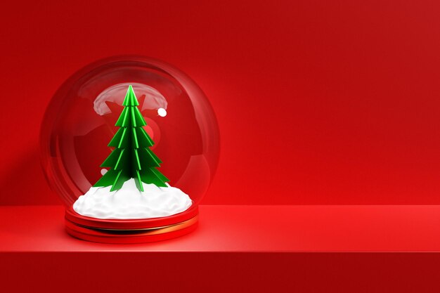 3d illustration of a Christmas snow globe with a Christmas tree on a red background. Glass snow globe realistic 3d design. Festive Christmas object.