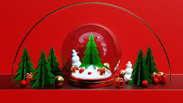 3d illustration of a Christmas snow globe with a Christmas tree, snowman, gifts and Christmas tree decorations on a red background. Glass snow globe realistic 3d design. Festive Christmas object.