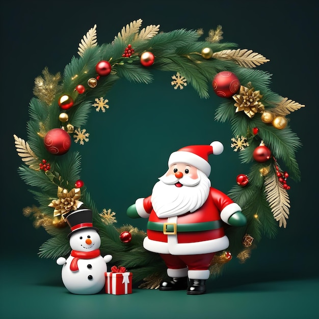 3D-иллюстрация Рождественская тема Санта-Клаус и снеговик и украшенный темно-зеленый фон