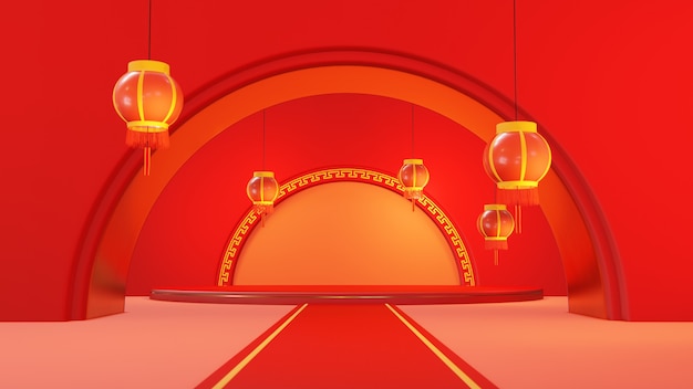 3d illustration of circle podium with red traditional Chinese lantern. Traditional product display.