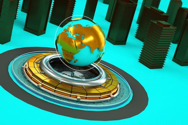 3D illustration of the city center with a landmark in the middle. Globe, Earth, planet, world. 3D isolated objects on a turquoise background. Golden parts of objects. 3D graphics