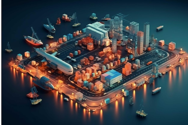 화물선이 있는 어두운 배경에 있는 도시의 3d 그림