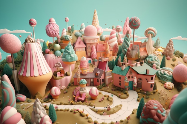 A 3d illustration of a city with a pink ice cream cone.