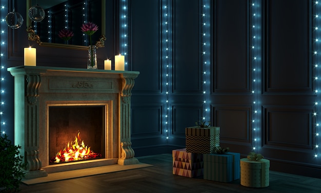 Photo 3d illustration. classic fireplace at night. gifts for christmas or new year. boxes and decor