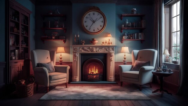 Photo 3d illustration classic fireplace in a vintage night room romatic background or wallpaper