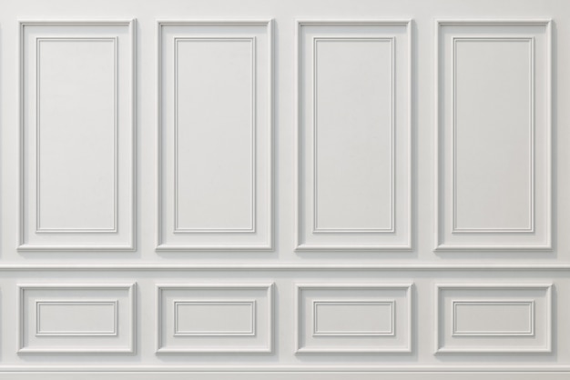 Foto illustrazione 3d. parete classica di pannelli in legno bianco. falegnameria all'interno. sfondo.