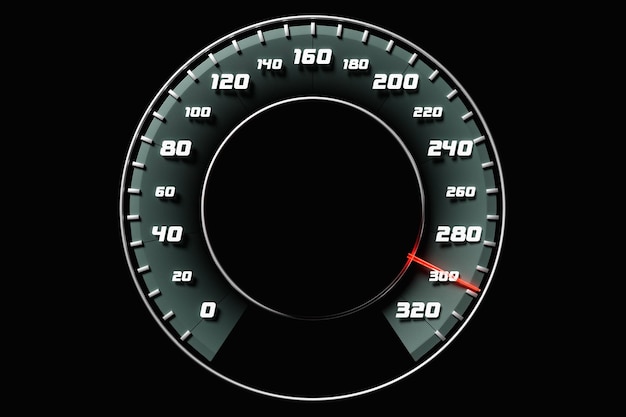 Photo 3d illustration close up black car panel digital bright speedometer in sport style the speedometer needle shows a maximum speed of 300 km h