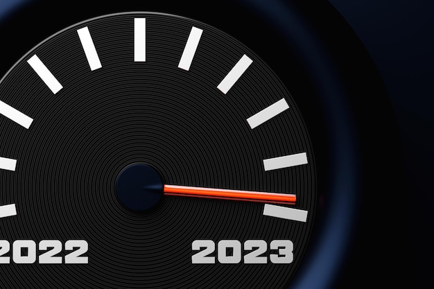 3d illustration close up black speedometer with cutoffs\
20222023 and calendar months the concept of the new year and\
christmas in the automotive field counting months time until the\
new yearxa