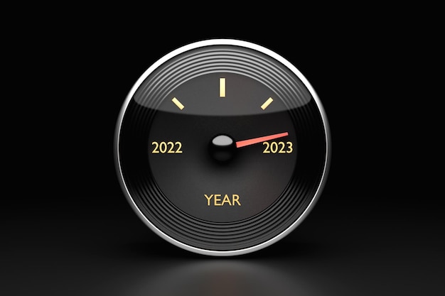 3D illustration close up black speedometer with cutoffs 20222023 and calendar months The concept of the new year and Christmas in the automotive field Counting months time until the new yearxA